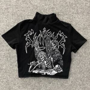 SWIXXZ Cropped Top Size Med Skull Open Back Buckles Mock Neck Black Goth